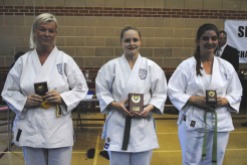 2012 - Shikukai Championships Ladies kumite, L to R, Geraldine Deasley 2nd Chelmsford, Teresa Allen 1st Chelmsford, Emma Hawkins 3rd Olympiad Chippenham.